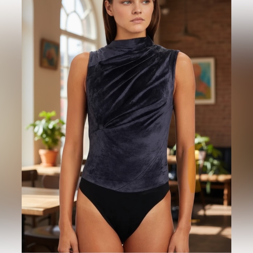 RtA Julie Ruched Velvet Bodysuit Navy Elegant Sleeveless women’s size XS
